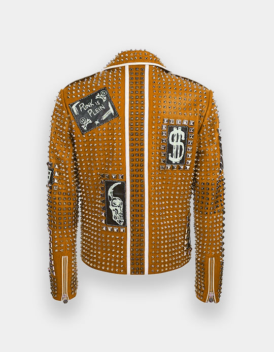 Men's Full Studded Embroidery Patches Leather Jacket, Biker-Jacke mit Nieten